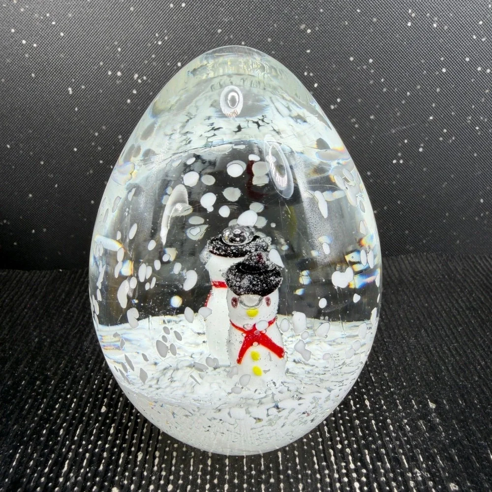 Heavy Glass Snowman Egg Paperweight Winter Snow Scene 4 inch Holiday Decor